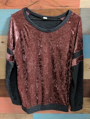 7th Ray Burnt Rust Crushed Velvet Pullover with Charcoal Trim